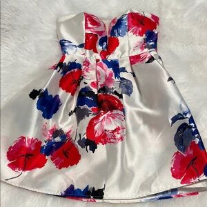 B Darlin Strapless Floral Midi Dress - White with Red, Blue and Pink Flowers